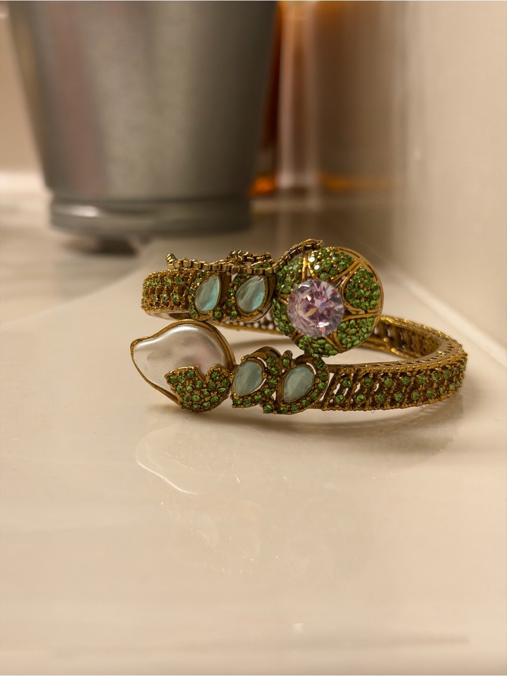 Turkish Gold-Tone adjustable Bracelet with Green Crystals and MOP Center Stone